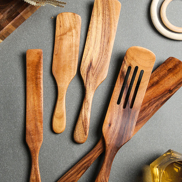 Acacia Teak Wood Long-Handled Cooking Spatula Set – Perfect for Mixing & Serving in Style!